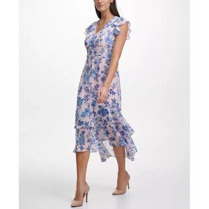 Tommy Hilfiger Pink Blue Floral Ruffle Midi Dress S 4 V-Neck Tiered Womens Dress